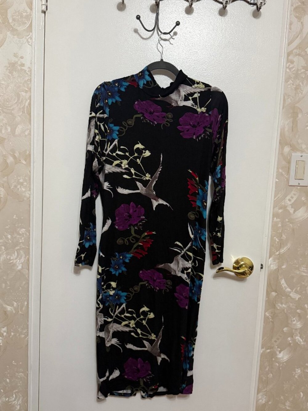 Venus Floral Midi Dress, Black/Purple, Mock Neck, Long Sleeve